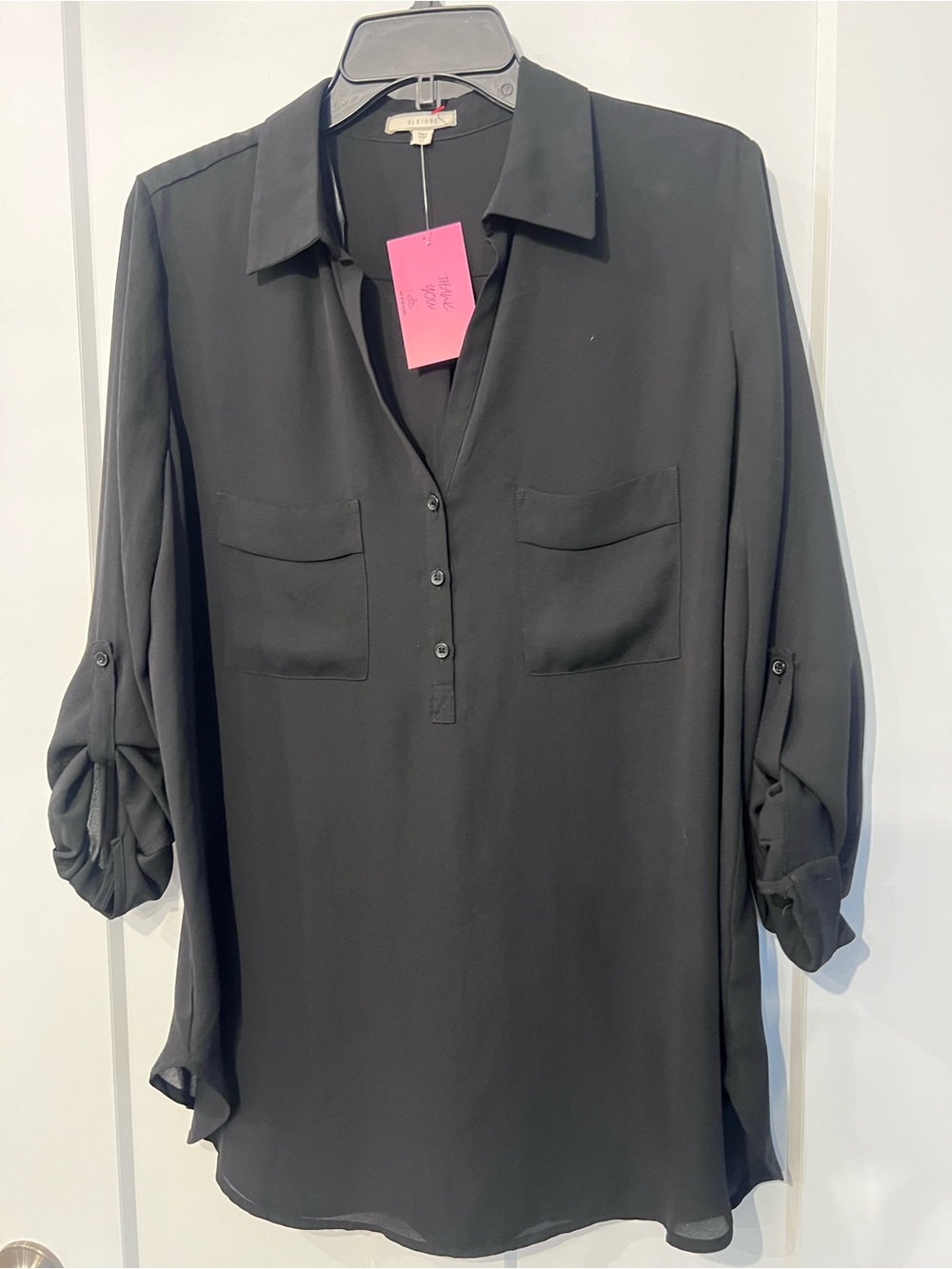 Pleione Brand, Black Long-Sleeve Button  Blouse - Classic Women's Top, tunic